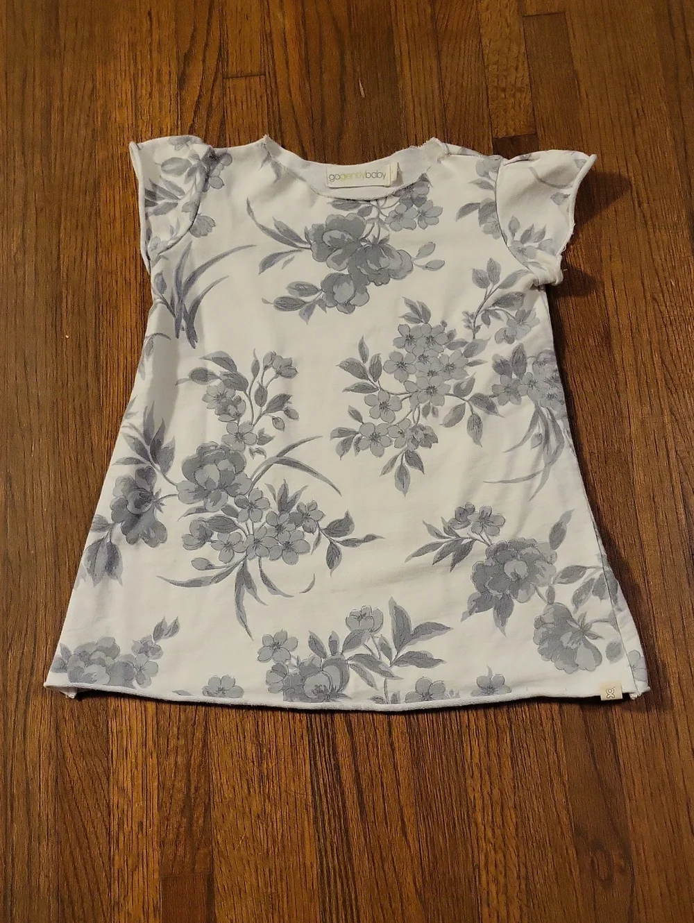 Floral Organic Flutter Sleeve Tunic Dress - White with Gray Print